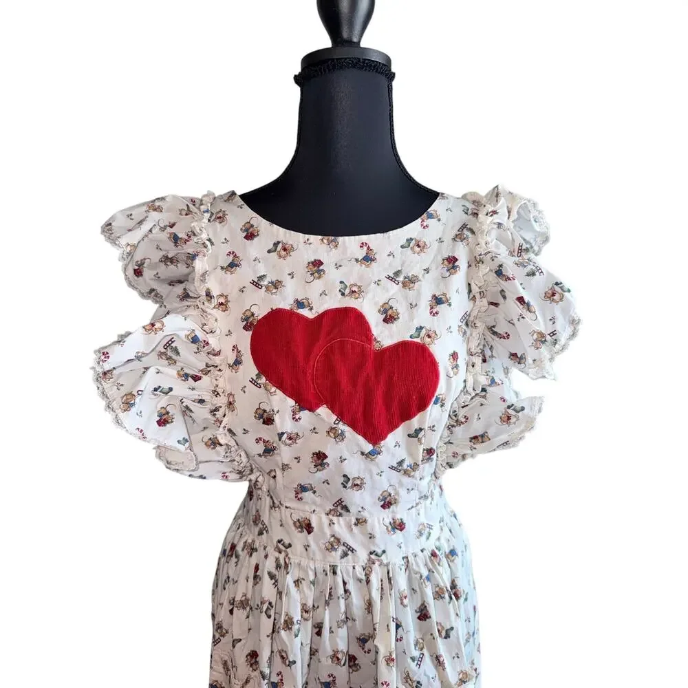 Vintage Handmade Christmas Prairie Apron Dress Ruffle Heart Cottagecore baking
